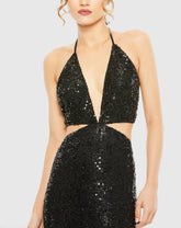 Black Cut Out Halter Tie Back Sequin Gown